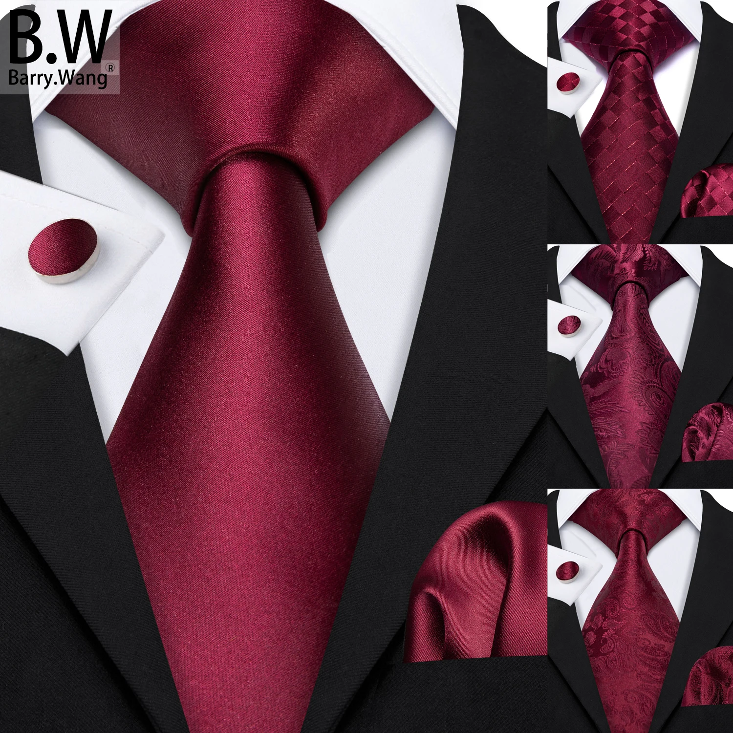 Barry.Wang Red Burgundy Maroon Silk Men's Tie Hanky Cufflinks Set Jacquard Solid Paisley Floral Necktie Male Wedding Business