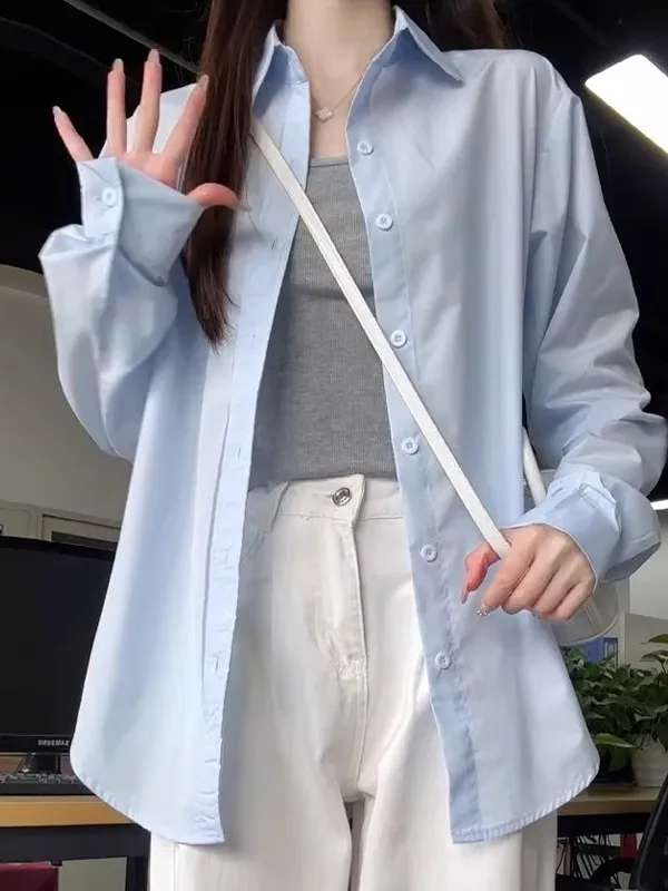 

Blue Collar Shirt Women's Spring Autumn New Style Mid-Length Loose Casual Long Sleeve Sunscreen Outerwear Cardigan
