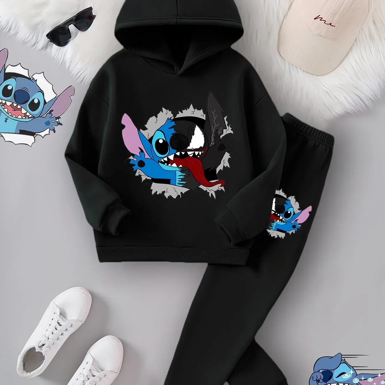 

Disney New Stitch Cartoon Fleece-Lined Hooded Sweatshirt & Pants Set for Boys and Girls, 2pcs Outfit with Iron-On Design