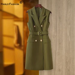 Stile britannico Vintage design Army Green Women Summer Tank Blazer Dress con cintura senza maniche qualità Retro Female