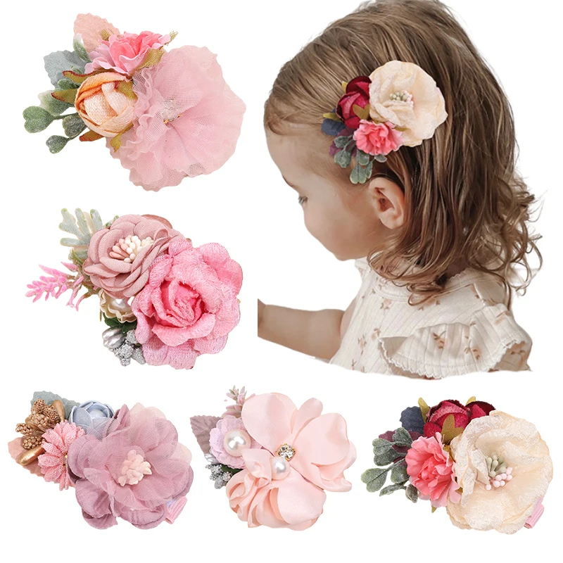 

ncmama 3'' Baby Artificial Flower Hair Clips Sweet Girls Floral Mesh Rose Pearl Hairpins Barrette Hairgrips Hair Accessories