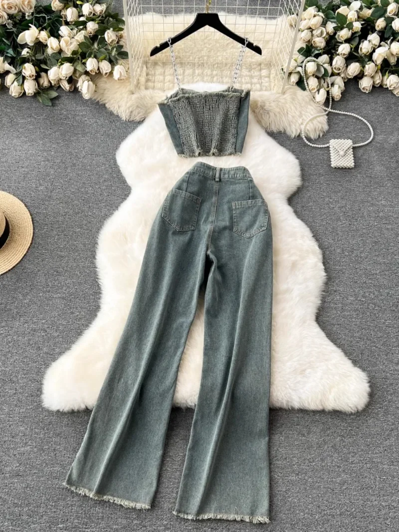 New All-match Hole 2 Piece Sets Women Niche Chains Tanks Tops + Wide Leg Pantalones Mujer Vintage Spicy Girl Denim Suit