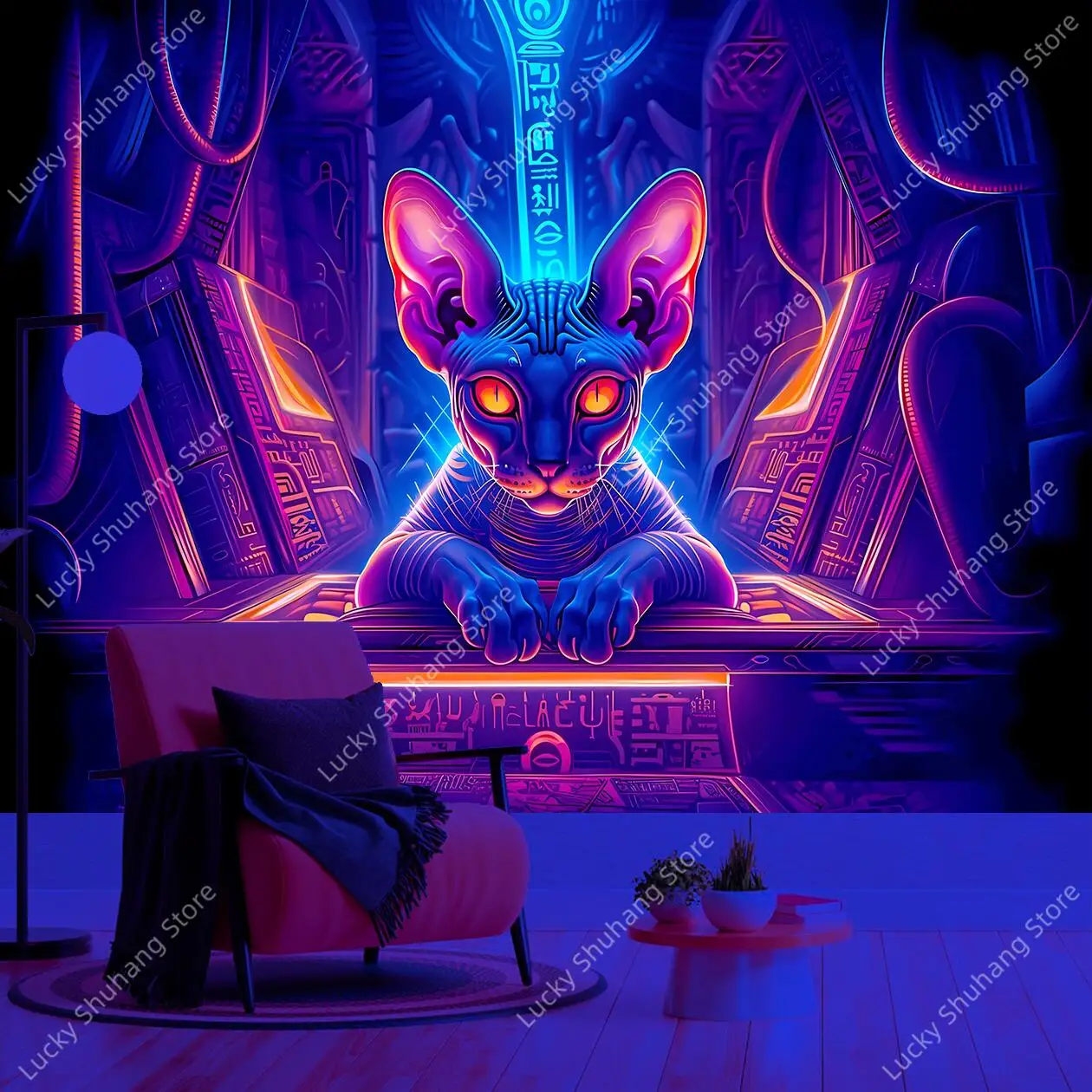 Egyptian Mystic Sphinx Cat UV Tapestry Futuristic Neon Glow Wall Hanging Decor with Ancient Hieroglyphs for Bedroom Decorate