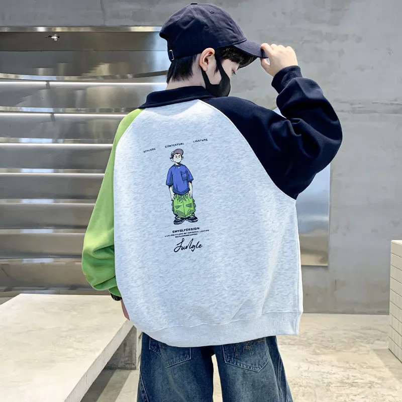Boys Sweatshirt Autumn Polo Collar Color Block Raglan Sleeve Cartoon Print Children Tops