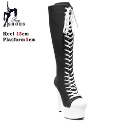 15CM Mid-Calf Boots Women Waterproof Round Toe Lace Up Riding Equestrian Platform Boots Women Heels British Style Mordern Bootie