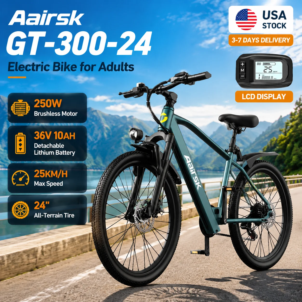 Aairsk GT-300-24 Electric Bike for Adults 250W Brushless Motor 36v10ah Detachable Lithium Battery 35-50KM Range 24