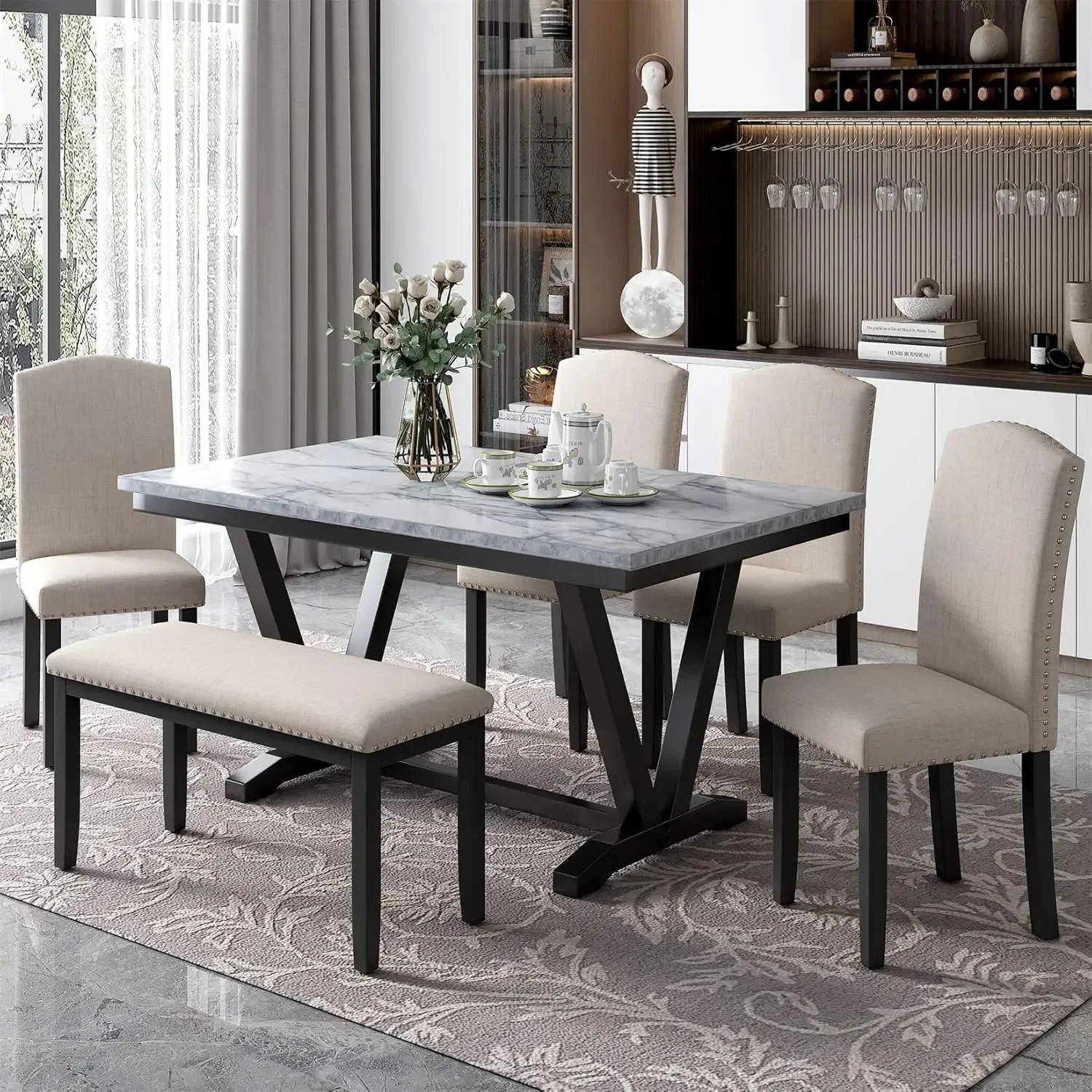 6 Piece Dining Table Set Wood Dinette Table and a Bench with Cushion, Marbled Veneers Tabletop Urban Style Kitchen Table