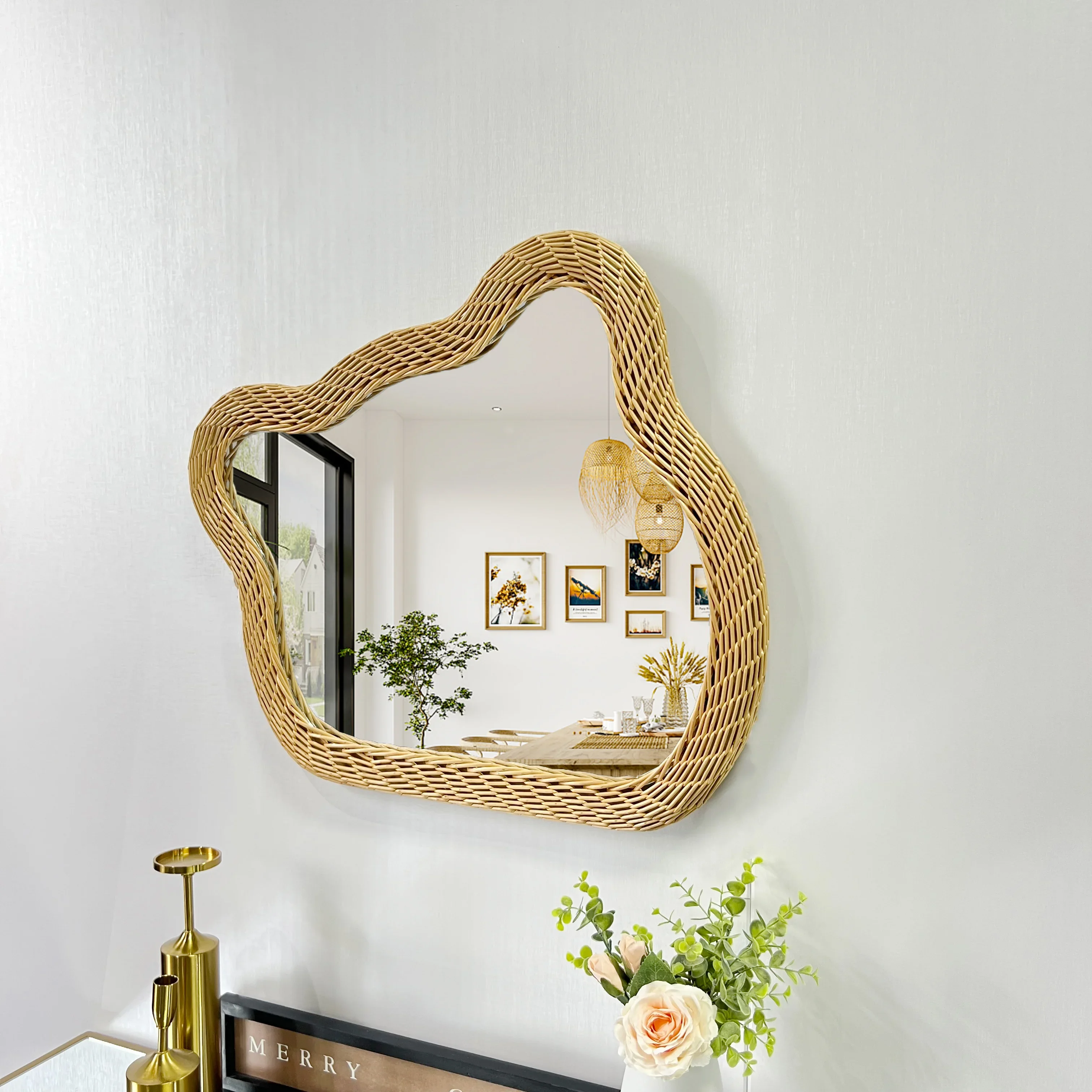 80x70cm Bear Rattan Mirror Light Luxury Special-Shaped Bathroom Makeup Wall Hanging Cartoon Mirror