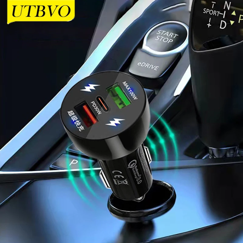 UTBVO Super Fast Charging Car Charger Dual USB 100W 66W and Type-C PD 30W SuperCharge Phone Charger for Huawei Honor Vivo Oppo