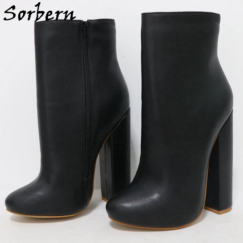 Sorbern Black Matt Block Heel Boots Women For Strephenopodia Short Booties 2Cm Platform Outside 0.5cm Inside 15cm High Heel