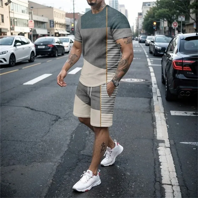 Fashion Men\'s Tracksuit 2 Piece Set Summer Stripe Sport Hawaiian Suit Short Sleeve T Shirt and Short Casual Fashion Man Clothing