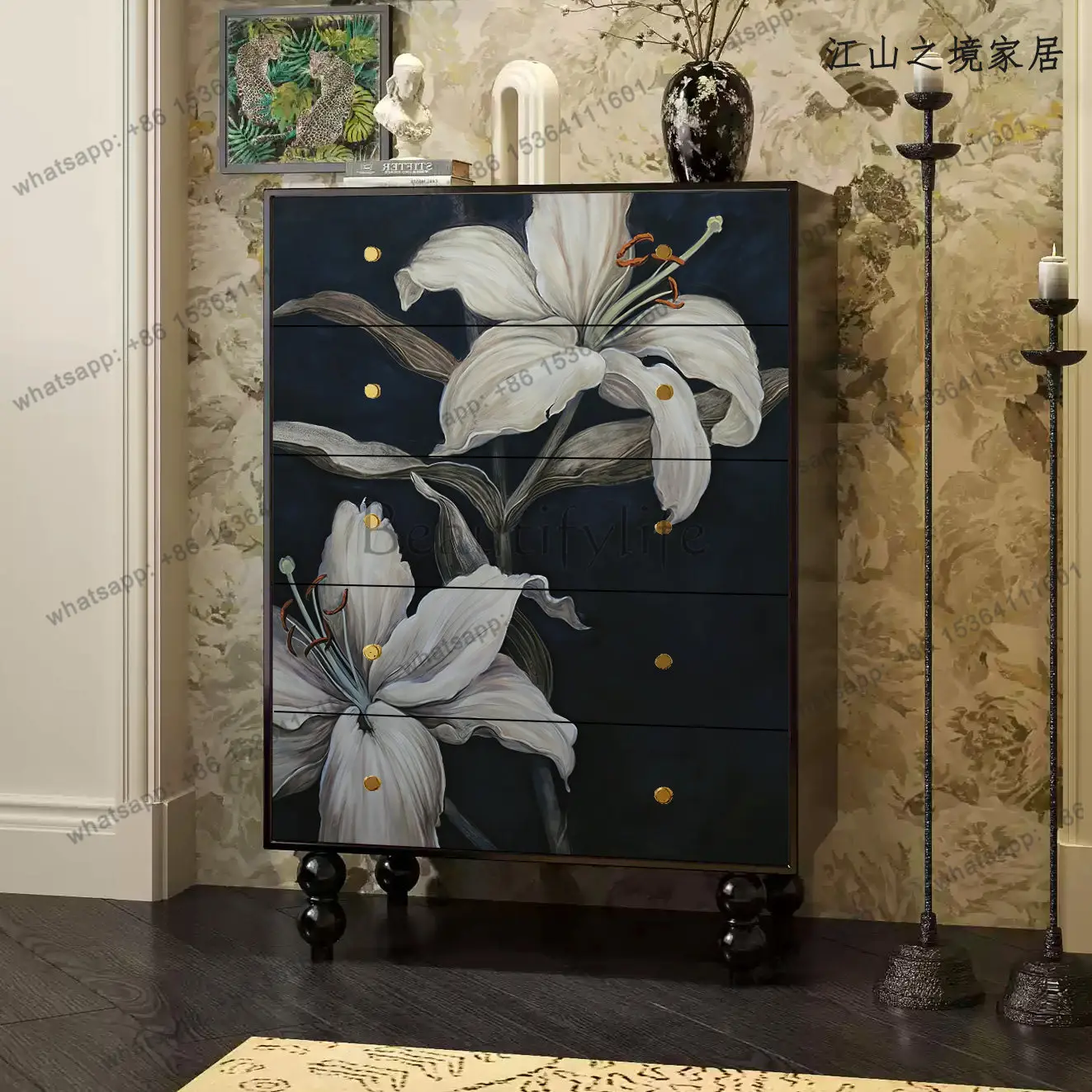 

French medieval style solid wood multi-layer storage cabinet, living room against the wall, B&B painted custom sideboard