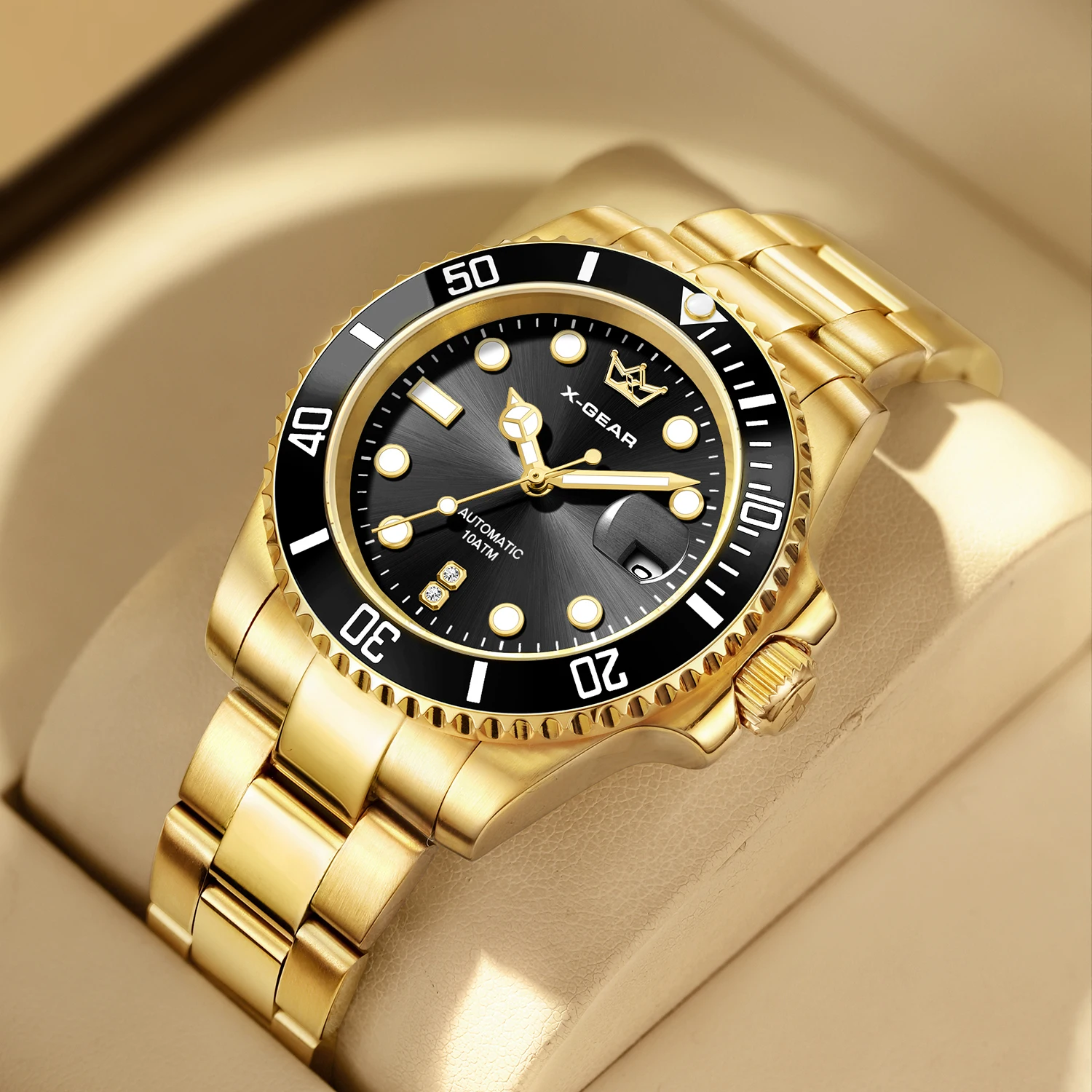 

X-GEAR Мужские часы с механическим механизмом, классические черные золотые часы с водным призраком и лупой-календарем, керамический безель из нержавеющей стали