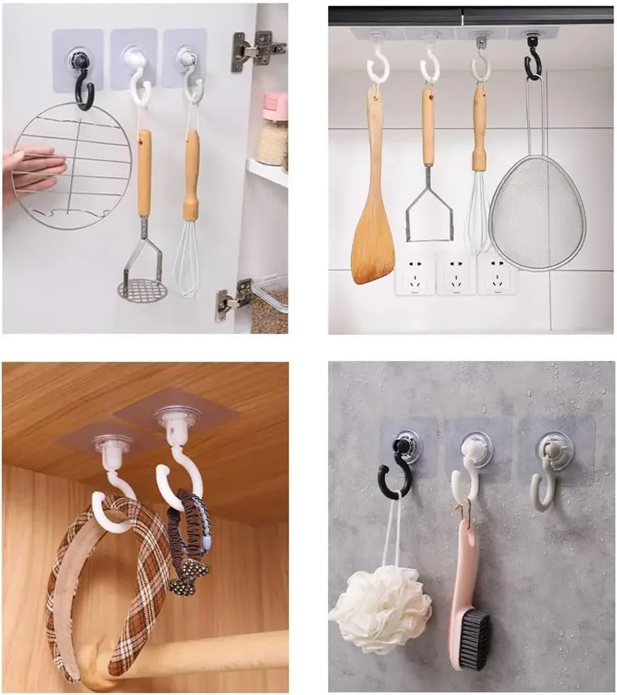 1-5pcs Self-Adhesive Hooks 360° Swivel Wall Ceiling Extra Strong Transparent Hanger Organizer Large Towel Hooks Bathroom Kitchen