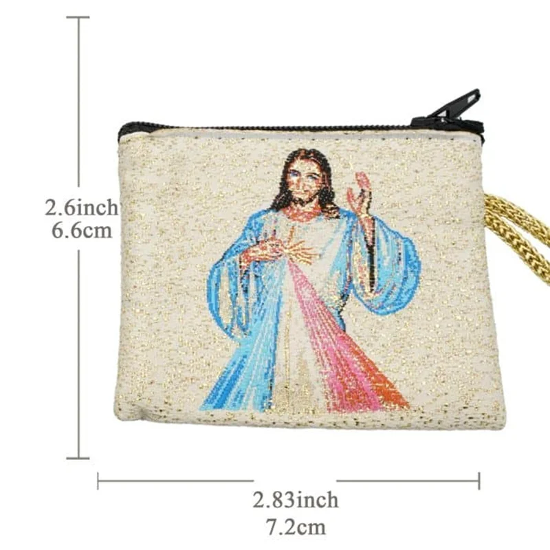 Gold Thread Embroidery Rosary Pouch Embroidered Catholic Image Icon Prayer Bag Religious Jewelry Storage Box 6.6x7.2cm