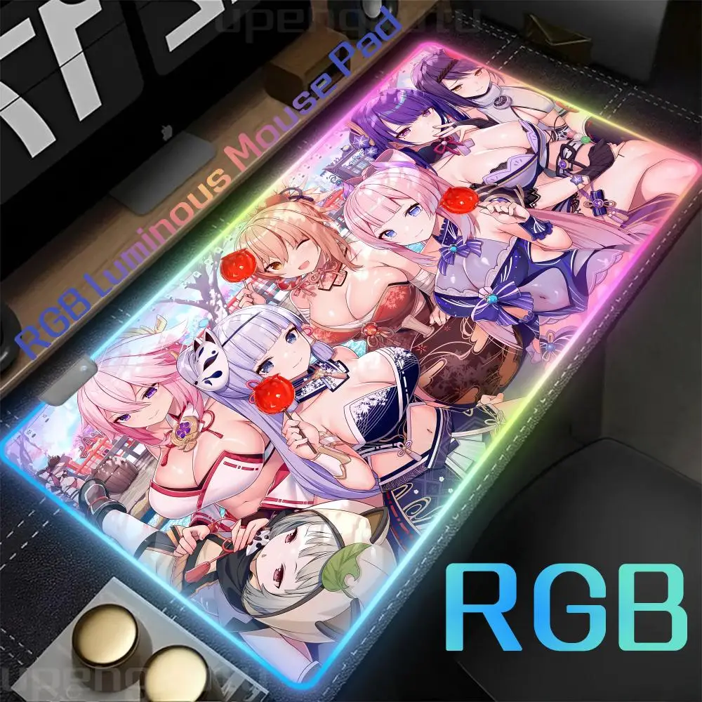 

Сексуальный коврик для мыши Genshin Impact Bikini для геймеров, киберспортивный RGB, фигурки аниме, нескользящий резиновый коврик для ноутбука, геймера, блокирующий край, компьютерный коврик