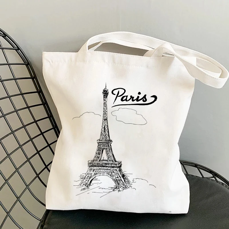 I Love Paris Print Cartoon Shopper Bags Shopping Bag Tote Bag Canvas Bags Female Cotton Shoulder Bag Handbag Reusable Grocery