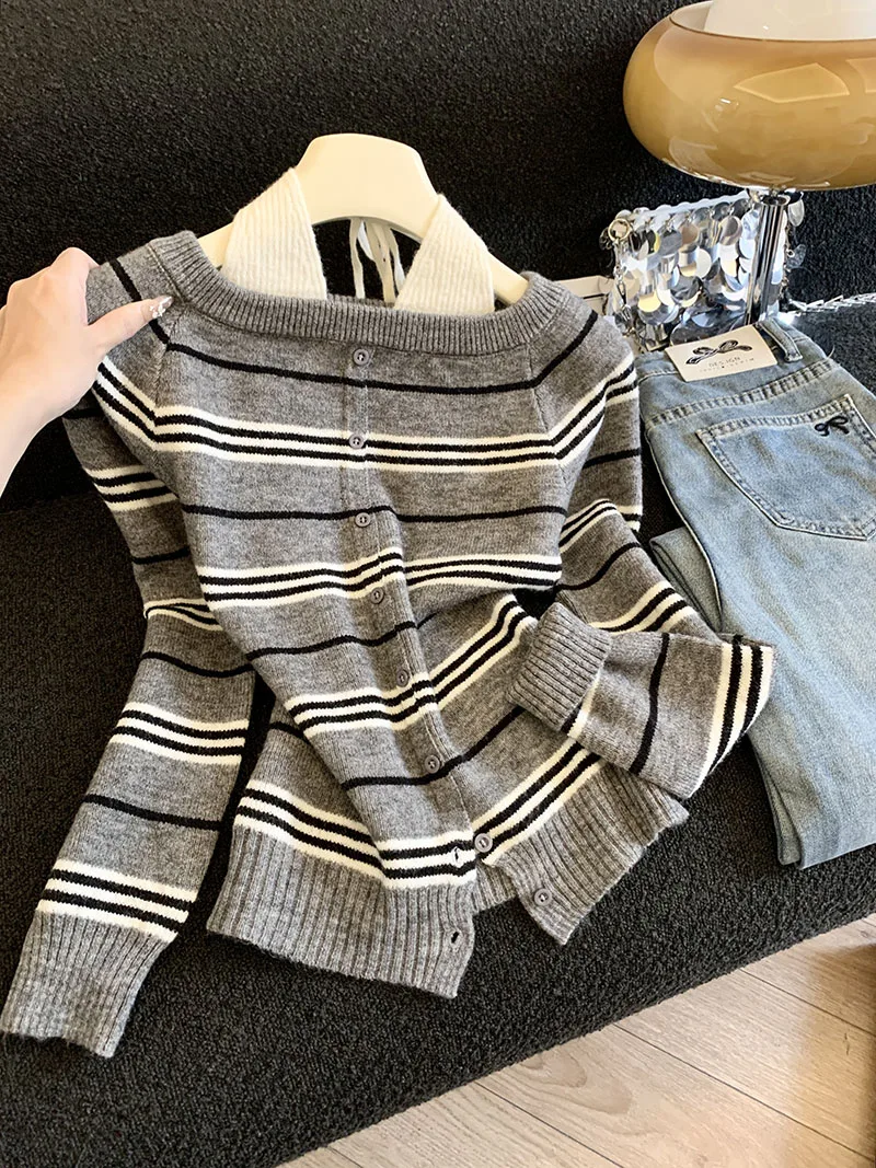 

Осень/зима, новая цветная полосатая трикотажная рубашка с открытыми плечами и длинными рукавами на одно плечо, базовая рубашка в старомодном стиле