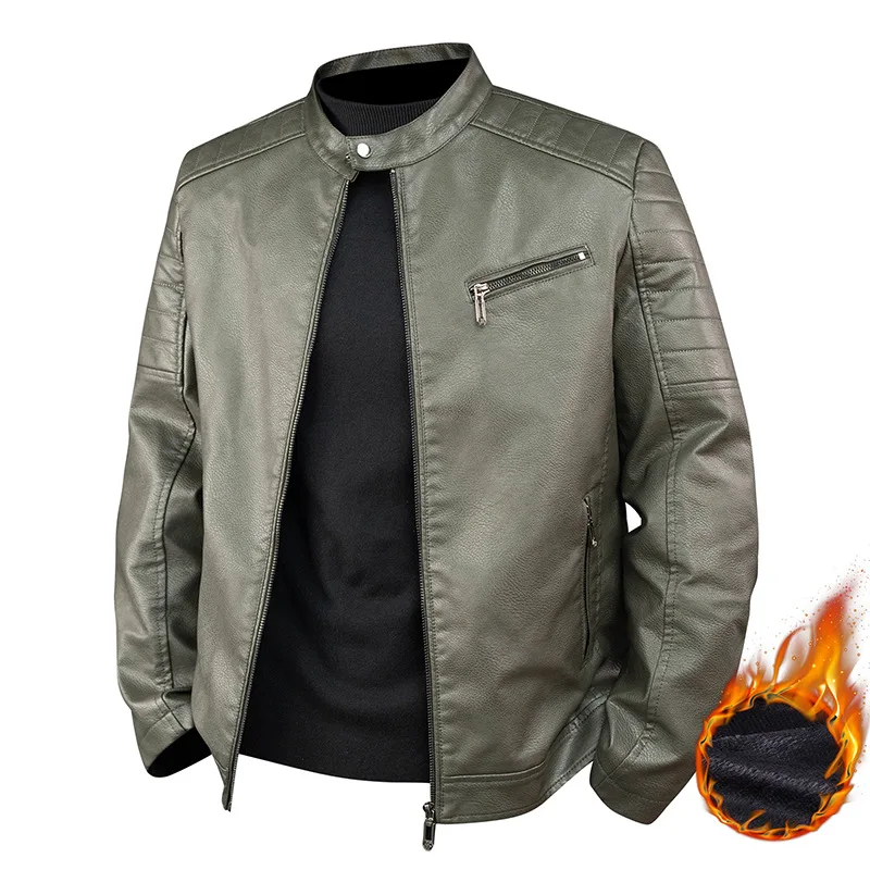 

Autumn Winter Fashion Korean Style Men's Thicken Stand Collar Long Sleeve Zipper Casual Trendy Simple Basic Faux Leather Coats