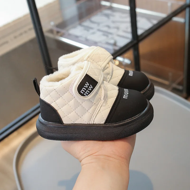 

New Winter Children Fleece-Lined Warm Boots Boys Girls Snow Boots Casual Ankle Boots Kids Alphabet Stitched Cotton Casual Shoes