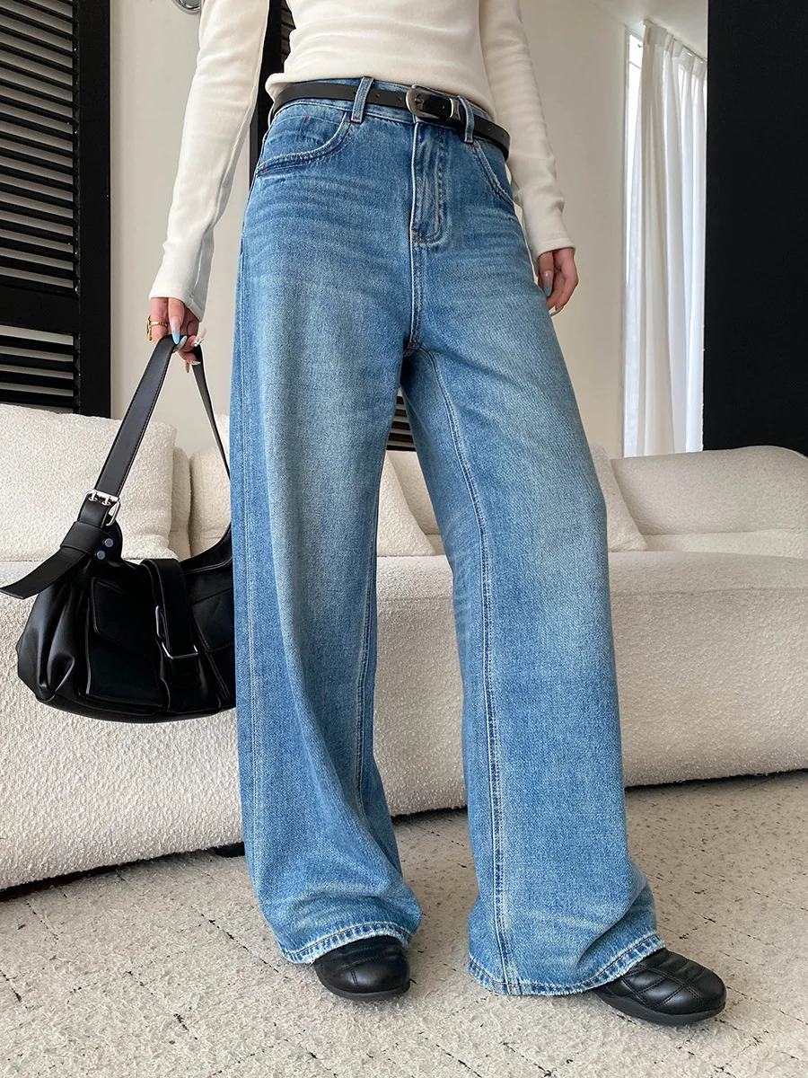 Autumn women's casual solid color cat whisker washed blue fashionable high waisted loose wide leg mopping jeans