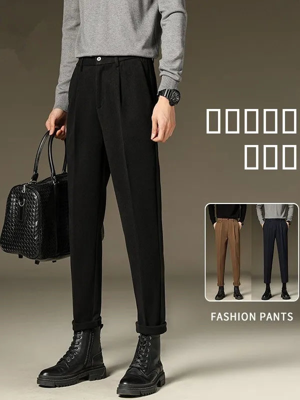 

Мужские повседневные шерстяные брюки свободного кроя для осени и зимы, утепленные, теплые, модные, укороченные (длиной 7/8)