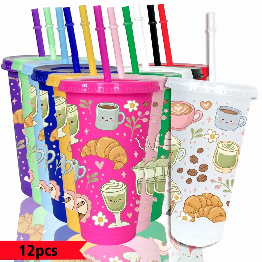 12pcs-pack-coffee-cup-croissant-flower-pattern-26oz-colored-plastic-party-cold-drink-cup-for-back-to-school-birthday-gift