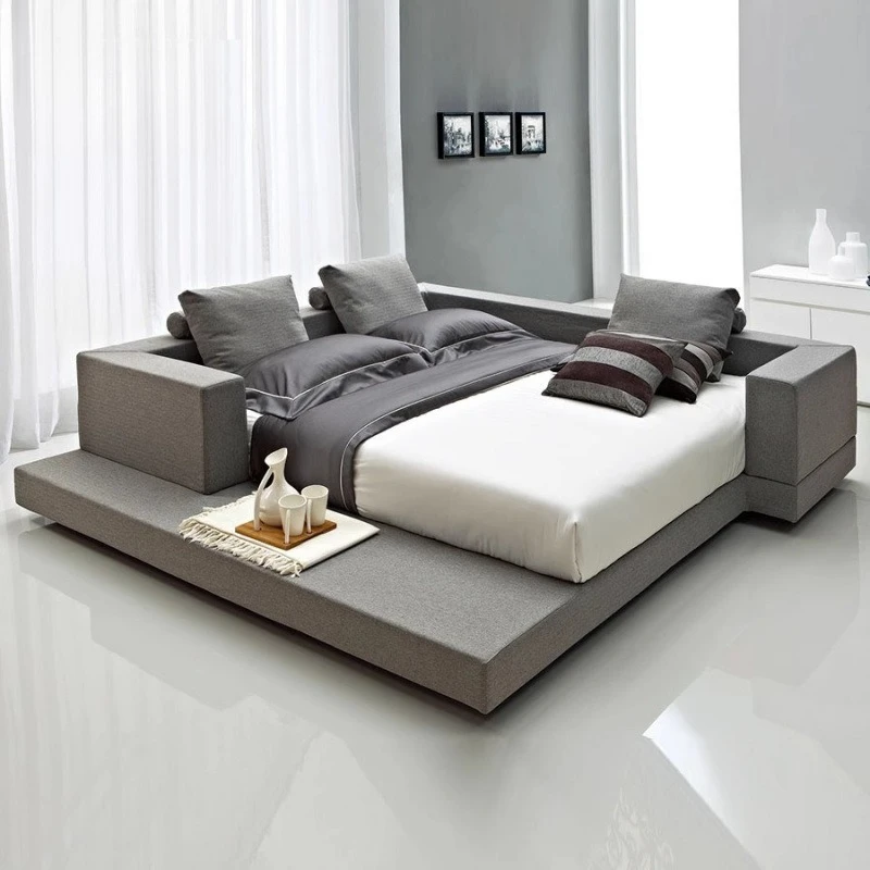 

Double king ins Nordic modern simple fabric Solid wood wedding bed Master bedroom tatami Technology cloth bed