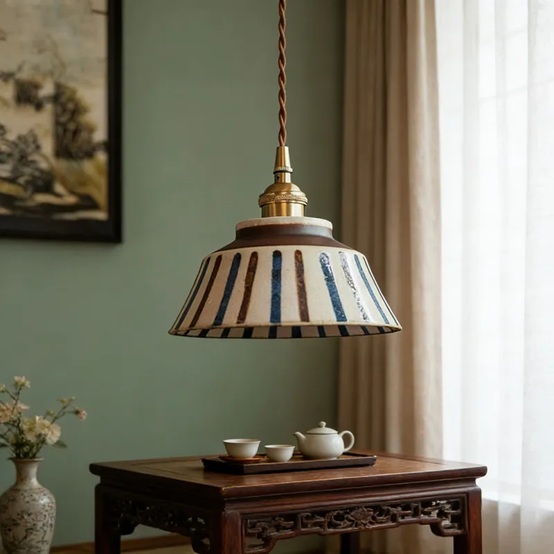 Antique Blue Glazed Ceramics Pendant Lights Homestay Balcony Chandelier Bedside Dining Room Retro Indoor Embellish Light Fitting