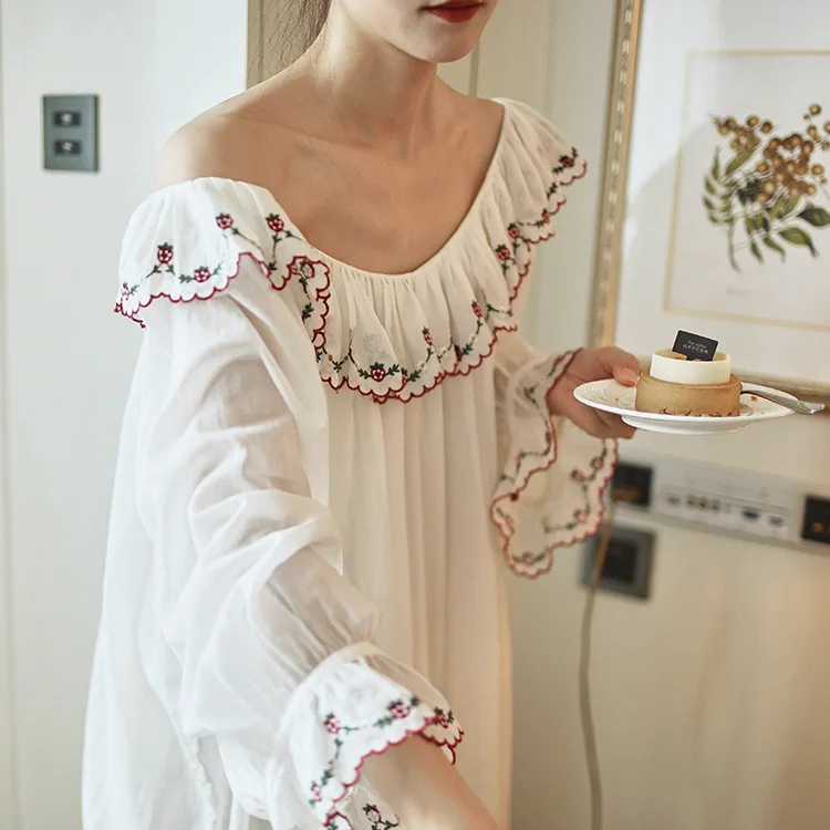 

French Cute Fairy Long Skirt Embroidered Girl Sleeping Skirt Cotton Dress Loose One Collar Sleeping Skirt for Women