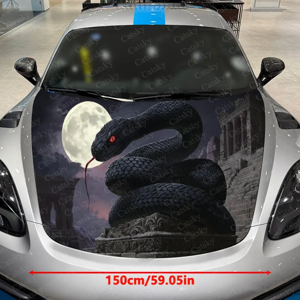 Black Snake in Ancient Ruins at Night Car Vinyl Wrap, PVC Waterproof Car Hood Sticker, Self-Adhesive Scratch-Resistant Stickers