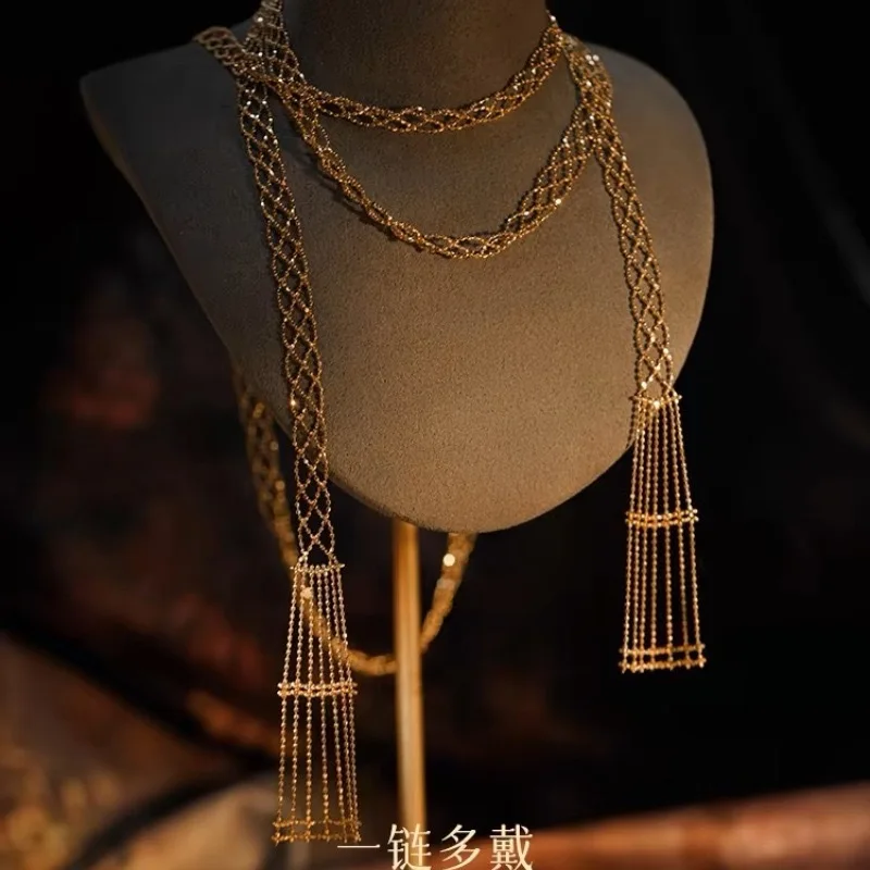

Ltalian niche design handcrafted Golden zircon long fringed necklace high-end luxury Multi-layered sweater chain women jewelry