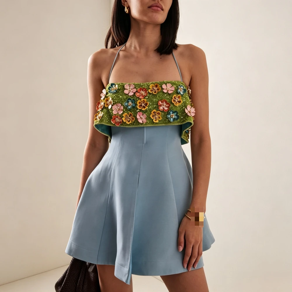 Women's Strapless Flower Crop Top Dress Elegant Halter 3D Floral Patchwork Light Blue A-Line Mini Dress Party Club Dress
