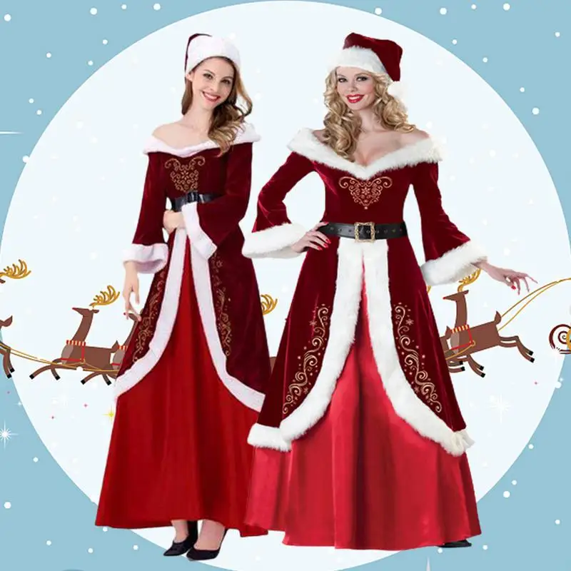 Costume da babbo natale da donna cappello natalizio con abito e cintura costumi da babbo natale Cos abbigliamento natalizio vestito da donna Set