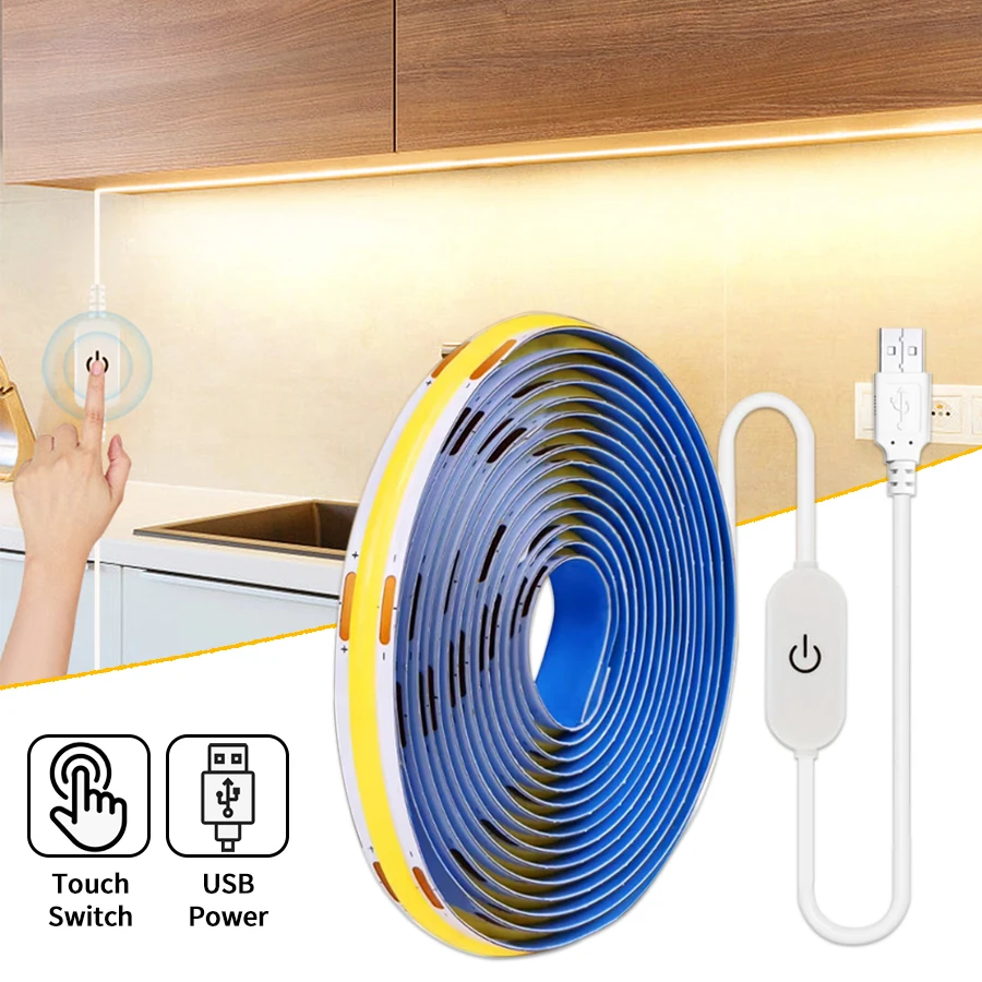 USB COB LED Light Strip Mirror TV Backlight 320LED/M 1-3M 5V Ribbon Tape Touch Sensor Dimmable Cabinet Closet Kitchen Room Decor