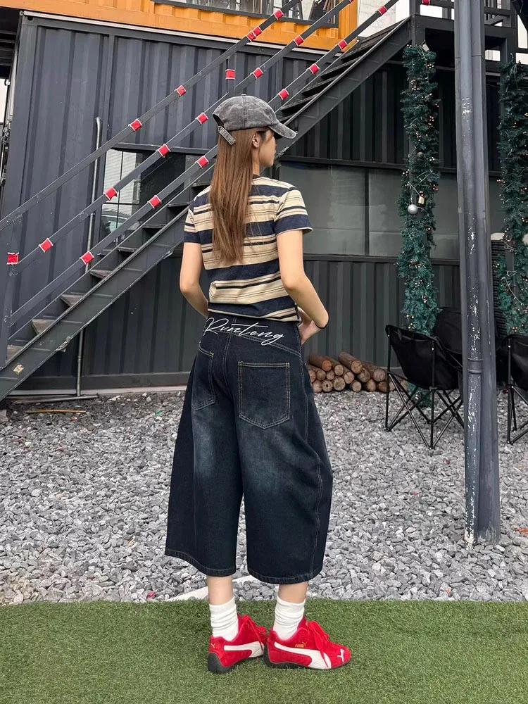 

Свободные джинсы с высокой талией и широкими штанинами в американском стиле ретро, женские осенние джинсы больших размеров, прямые брюки средней длины с ножом