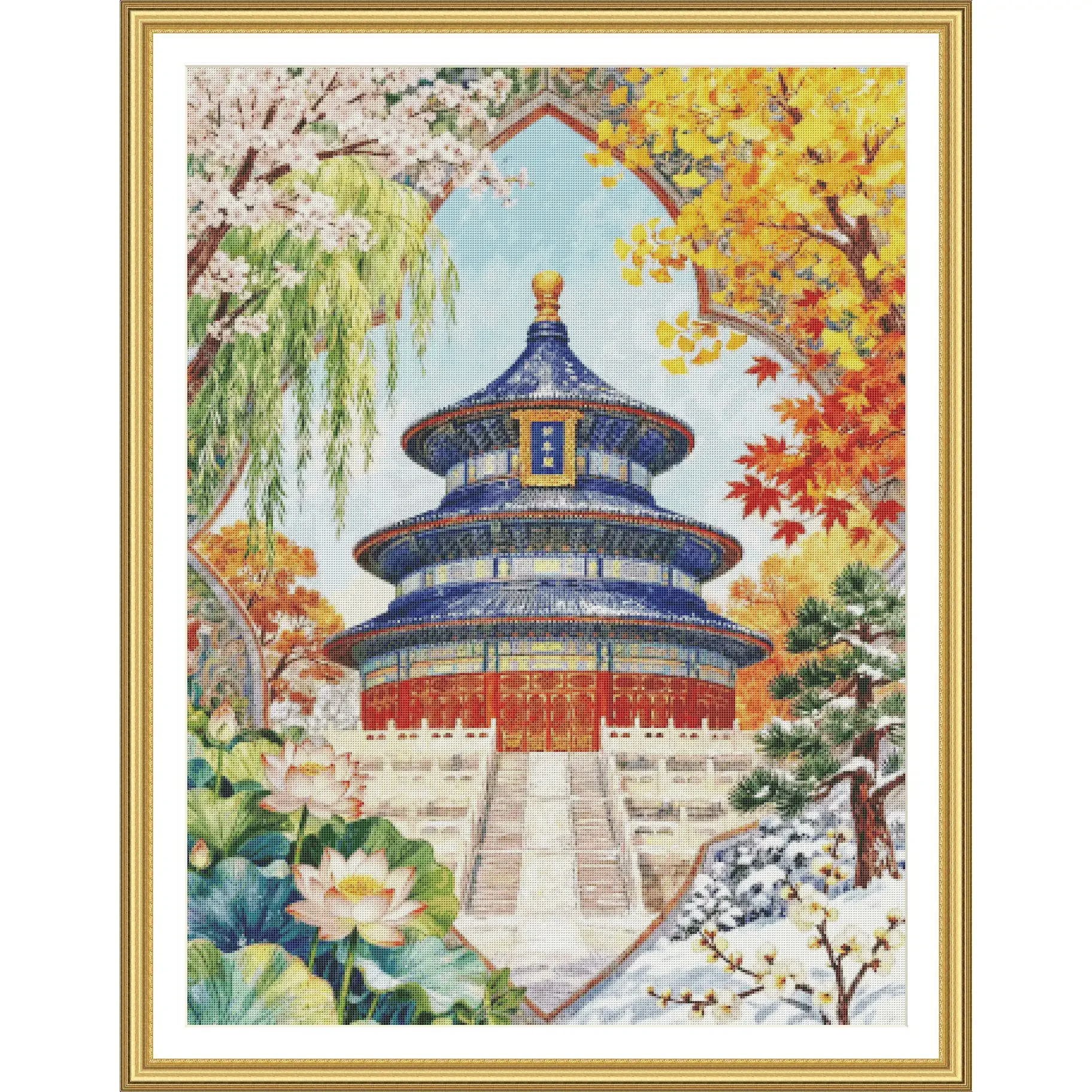 [ZZ8171-Four Seasons Temple of Heaven] Stamped Cross Stitch Kit 11/14/16/18CT Printed Canvas Cotton Thread Embroidery Wall Decor