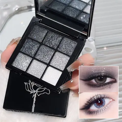 Bilashmart Punk Smoked Black Gray 9 Color Eyeshadow Makeup Palette Dark Color Pressed Glitter for Eyes Shadow Pigment Powder Cosmetics