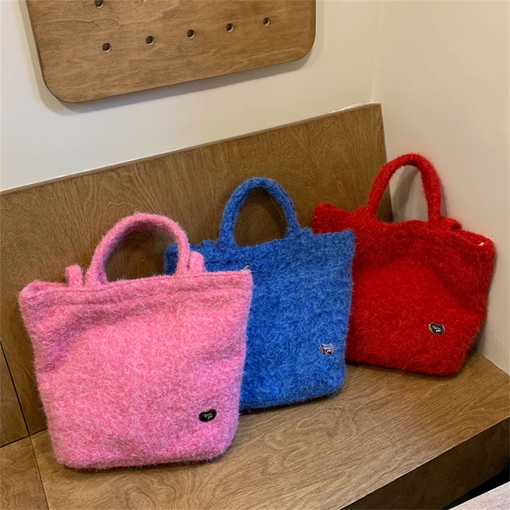 Girls Retro Handmade Plush Tote Bag Large Capacity Shopping Handbag Winter Casual Dual Shoulder Bags Purpose Commuter Crossbody