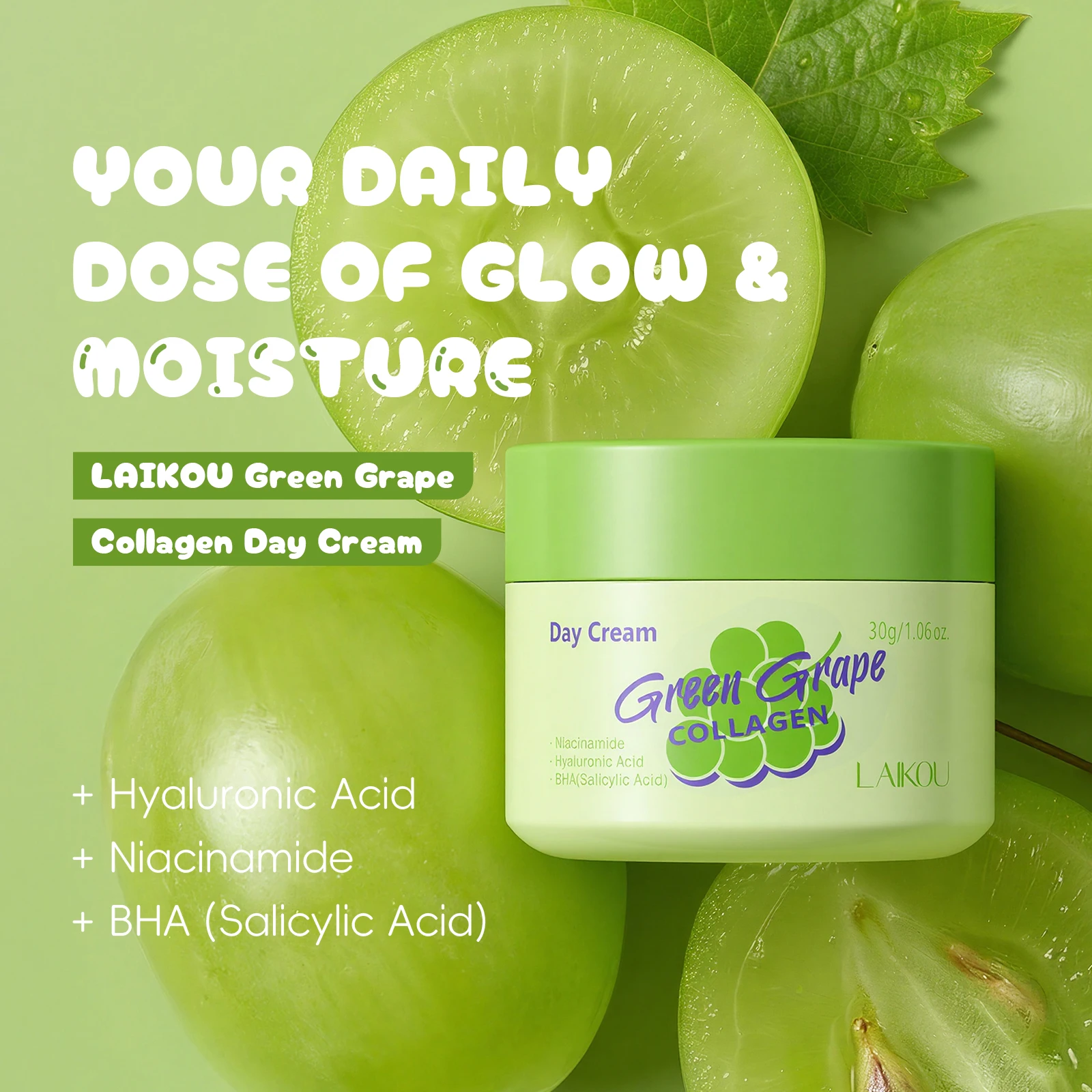 Crema de Día con Colágeno de Uva Verde LAIKOU 30g, Hidratación Durante Todo el Día, No Grasosa, para Piel Mixta y Grasa con BHA y Ceramidas
