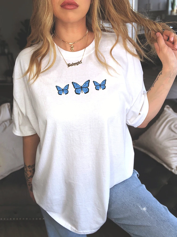 Blue Butterfly Prints Womens Cotton Short Sleeve Creativity Oversize Trend Tee Clothing Street O-Neck Casual Tops Woman T-Shirts