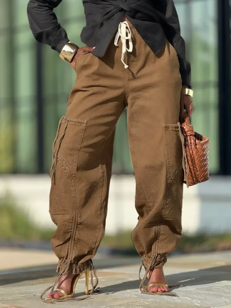 UOOZEE femmes couleur unie taille haute cordon Cargo Jean pantalon mode poches décontracté Streetwear vêtements de travail pantalon bas