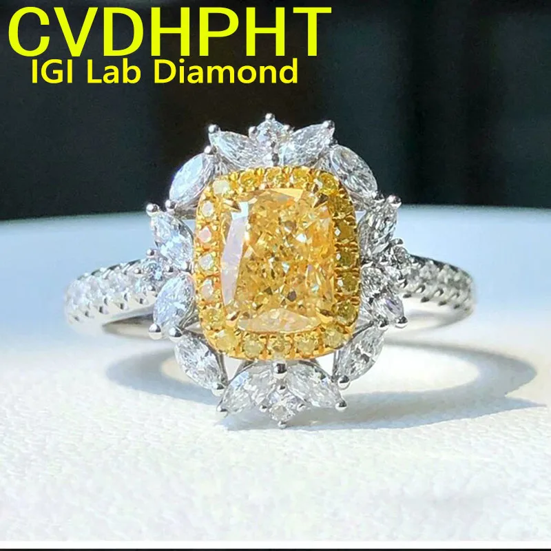 

Luxurious Yellow diamond 2 3 Ct Cushion Cut Lab Grown Diamond Ring 14K Gold Ring IGI Certified Wedding Ring ﻿