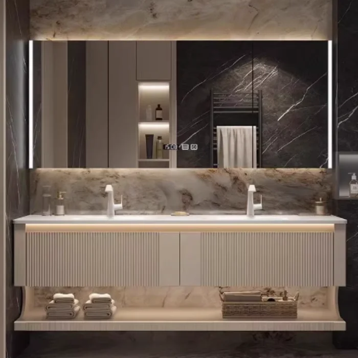 Large Size Hot Sale Modern Two Drawer Bathroom Double Vanity Bathroom Set Wall Floating Wooden Bathroom Cabinets With Mirrorprom