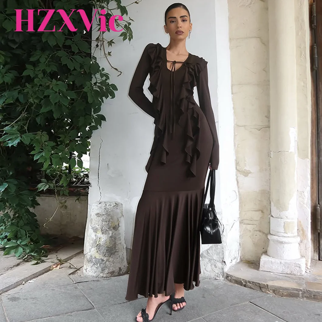 

HZXVicSlim fit hip hugging ruffled long sleeved dress casual long dresses elegant woman curvy ceremony dress