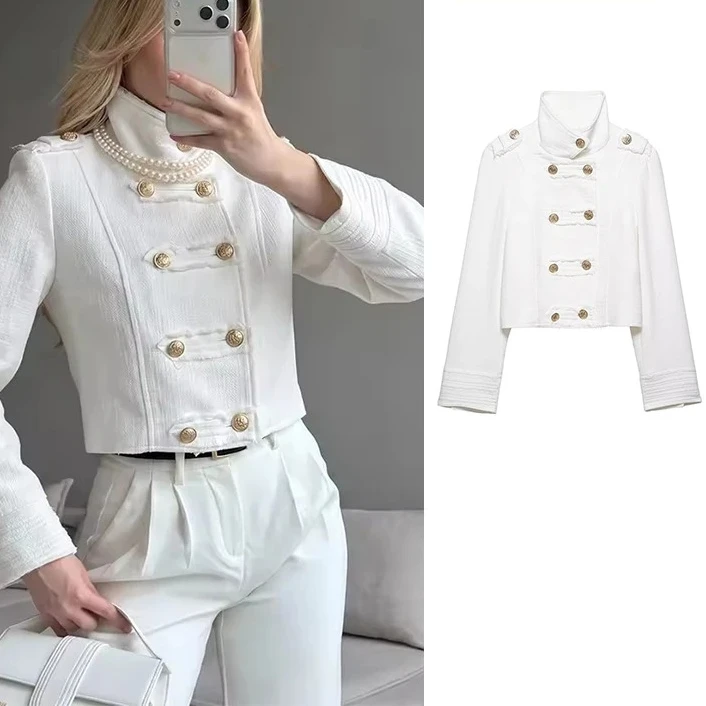 Slim Fit Gold Metal Button Double Breasted Jacket Stand Collar Epaulet Detail Raw Frayed Trim Elegant Office Women Outwear