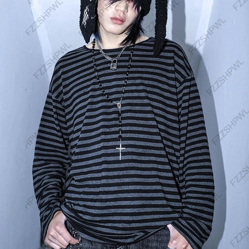 Rock Goth Stripe Harajuku Graphic Print Unisex Y2k Long sleeve Top Hiphop Oversized Long sleeve T-shirt Punk Streetwear Chic Top