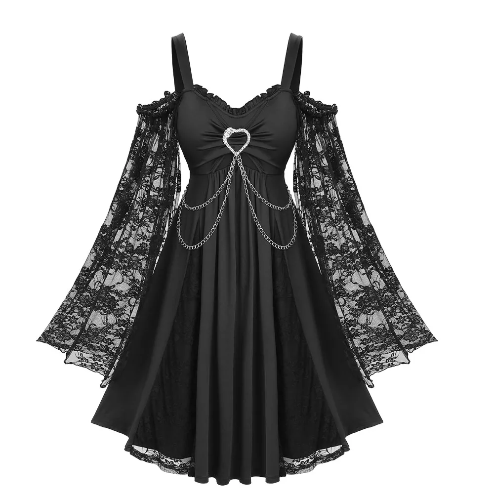 

ROSEGAL Plus Size Women’s Gothic Dresses Ruched Heart Buckle Ruffles Cold Shoulder Floral Lace Flare Sleeves Ladies Dress Black