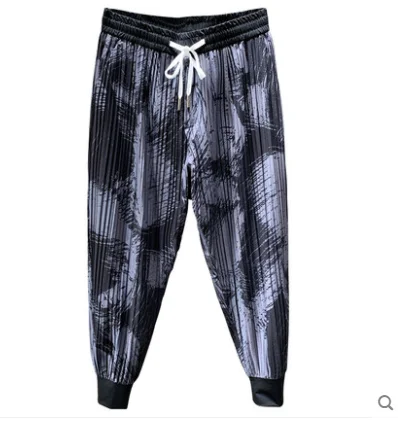 Venda quente miyake fold impresso seda gelo calças casuais cor contraste harlan pés calças tendência selvagem fino leggings em estoque