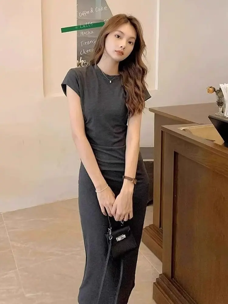 Ele – t-shirt plissé et cintré à la taille pour femmes, Design d'été, sensuel, amincissant, jupe longue en coton